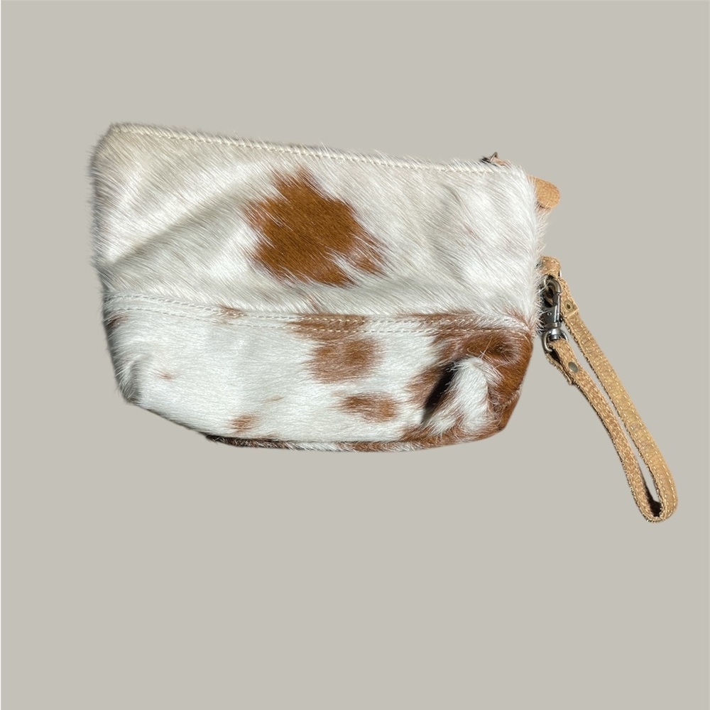 Myra Calf Hair Cowhide White Brown Hairon Small Clutch Wristlet - Picture 2 of 4